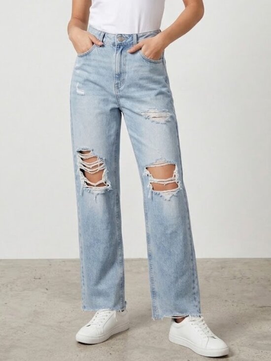 SHEIN Denim - SHEIN Jeans Womens Medium US 6 Light Blue Distressed High Rise Streetwear Ripped